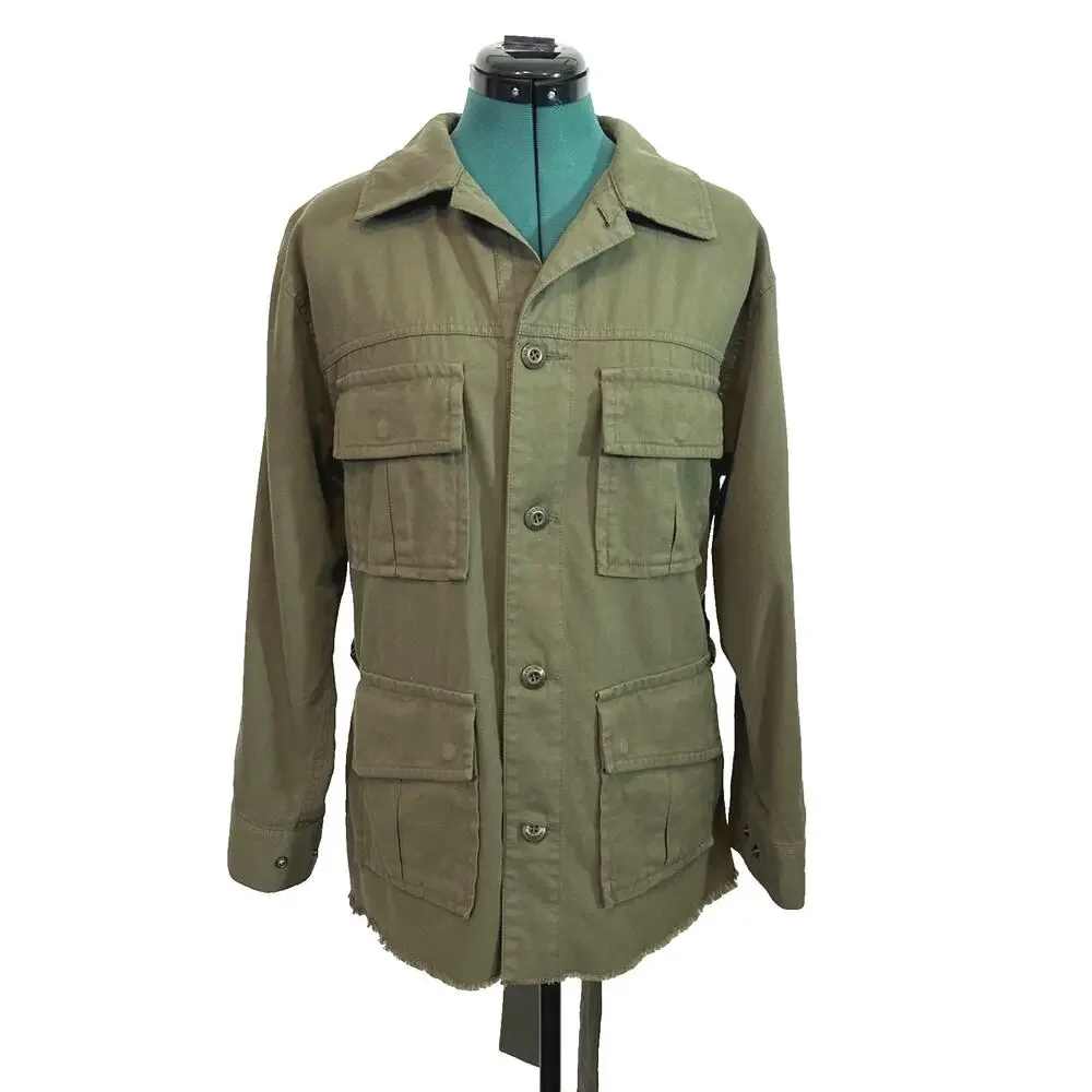 Moussy Olive Green Military Utility Button Front Jacket Logo Belted‎ Size Free